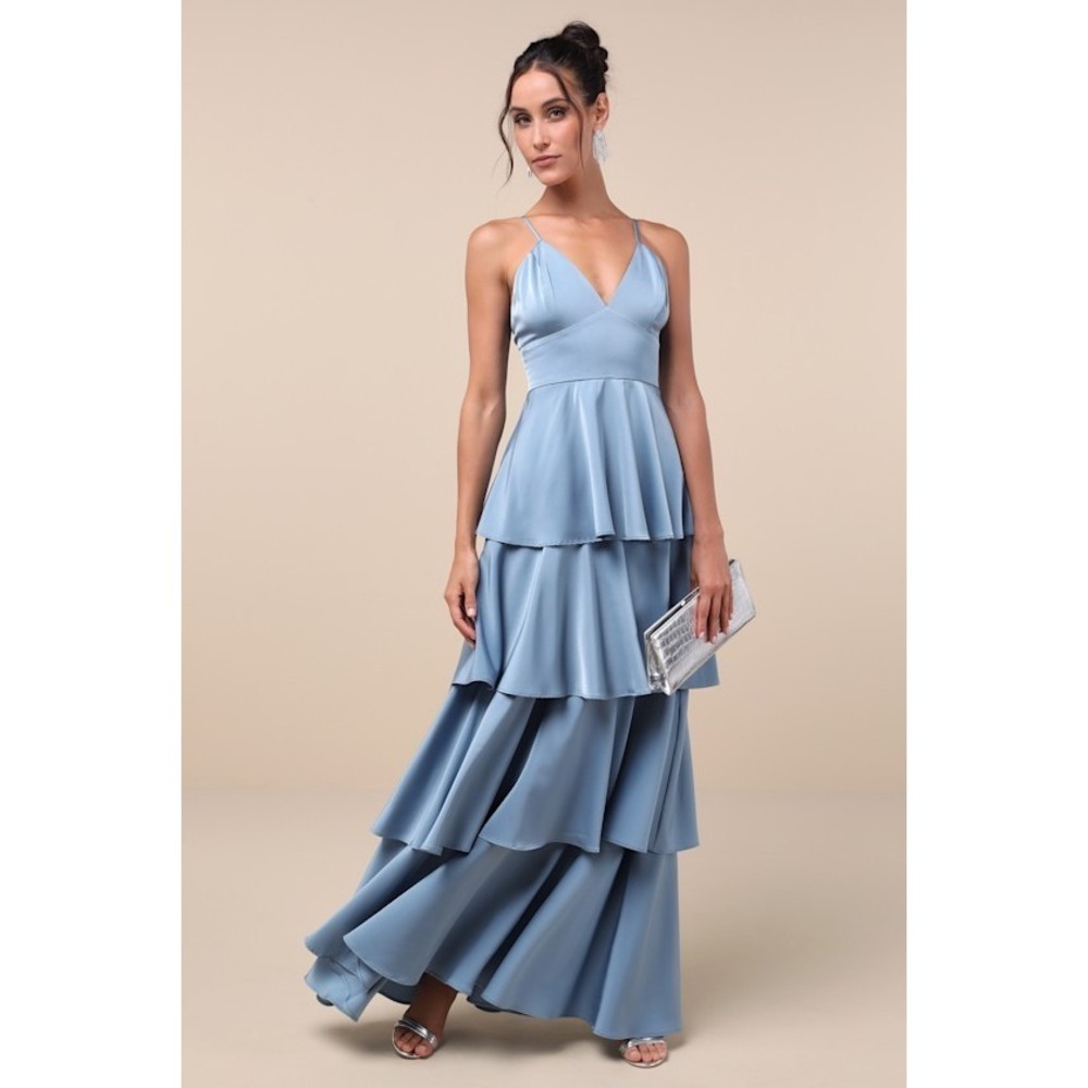 Lulus Going With Elegance Slate Blue Satin Tiered Gown - Size M